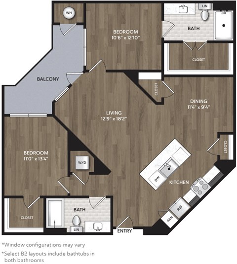 Floor plan for 2 beds, 2 baths, 1185 sqft
